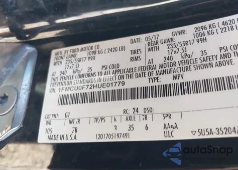 2017 Ford Escape S из США, поврежденный, VIN 1FMCU0F72HUE01779